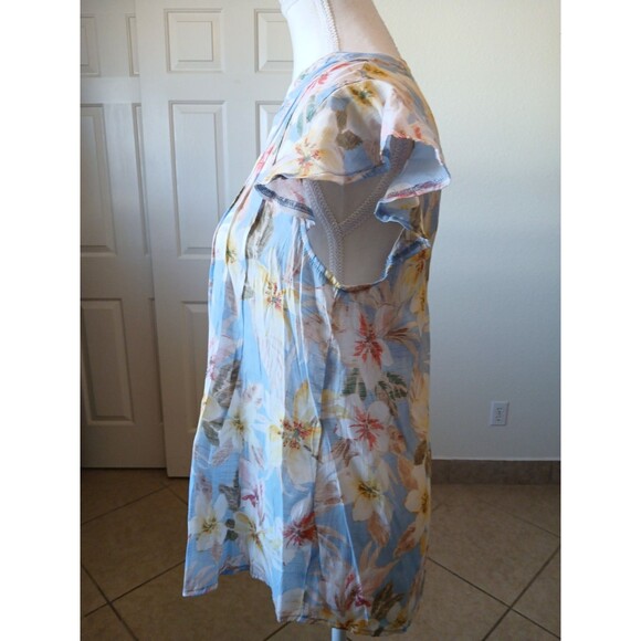 Cocomo Womens Blouse Top Size Medium Blue Floral Pleated Popover Flutter Sleeve - Picture 5 of 14